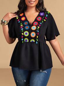 SHEIN Clasi 大码女式优雅度假钩针流苏下摆短袖衬衫，夏季 - 黑色 - 查看 3