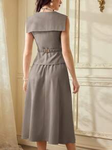 Vintamour Women's Retro Elegant 2 Pieces Suit Set, V-Neck Sleeveless Blouse, Bow Belt Decor, A-Line Skirt, Casual Office Wear Autumn Winter Clothes For Women Modest - Coffee Brown - View 6