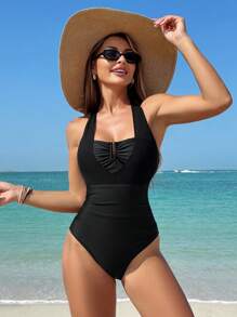 SHEIN 女士纯色网眼拼接优雅简约细肩带荷叶边海滩度假泳衣 - 黑色 - 查看 6