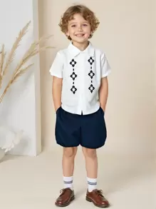 SHEIN 2pcs Young Boy Short Sleeve Shirt & Shorts Set, Spring/Summer - Multicolor - View 1