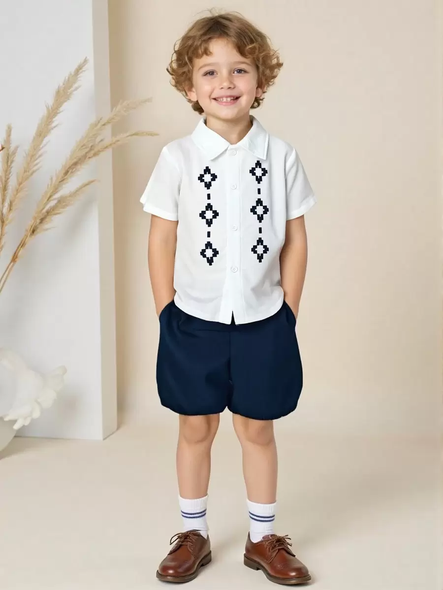 SHEIN 2pcs Young Boy Short Sleeve Shirt & Shorts Set, Spring/Summer - Multicolor - View 1