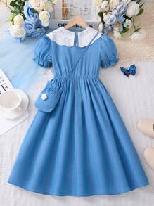 SHEIN Dziewczęca sukienka midi z bufiastymi rękawami, niebieska, z małą torebką, letnia