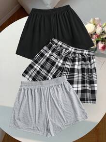 SHEIN LUNE Plus Size Women Casual Solid Color & Plaid Shorts, Multipack Western Wear Women Boho Bohemian 90s Clothes Festival Summer Outfits For Women Summer Boho Old Money Summer Outfits For Women Spring Break Rave Outfits Festival Spring Break Outfits Business Casual Woman