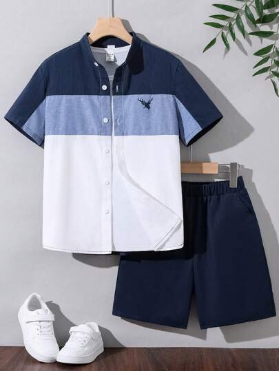 SHEIN 2pcs/Set Loose Fit Colorblock Stand Collared Short Sleeve Shirt And Shorts With Cute Patchwork Design For Tween Boys