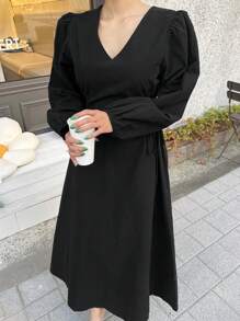 DAZY Surplice Neck Bishop Sleeve Lace Up Side Dress,Fall Clothes Long Sleeve Dress - Black - View 5