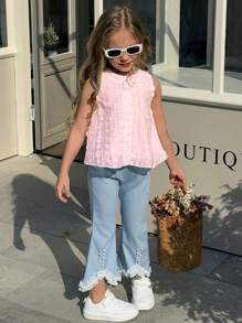 SHEIN Young Girls Casual White Sleeveless Knit Top + Blue Long Pants 2pcs Set, Spring/Summer New Arrival - Pink - View 5