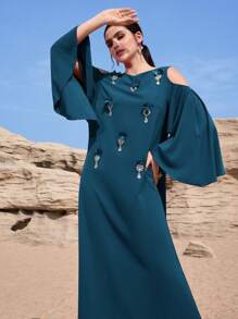 Al Najma 女士优雅水钻装饰露肩土耳其长裙和阿拉伯传统长袍 - 水鴨藍 - 查看 5