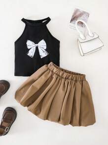 SHEIN Young Girls Black T-Shirt & Khaki Shorts 2 Pieces Set, School Style For Spring/Summer - Multicolor - View 1