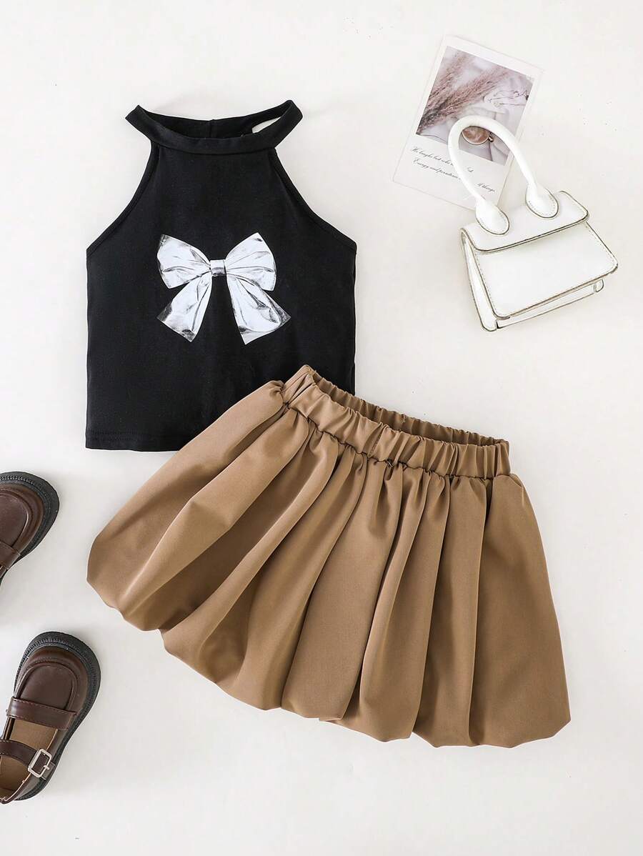 SHEIN Young Girls Black T-Shirt & Khaki Shorts 2 Pieces Set, School Style For Spring/Summer - Multicolor - View 1