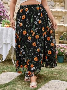 SHEIN VCAY Plus Size Bohemian Style Applique Side Split Double Layer Skirt