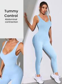 Easithlete 女士纯色 V 领无袖日常健身连体裤 - 淺藍色 - 查看 2