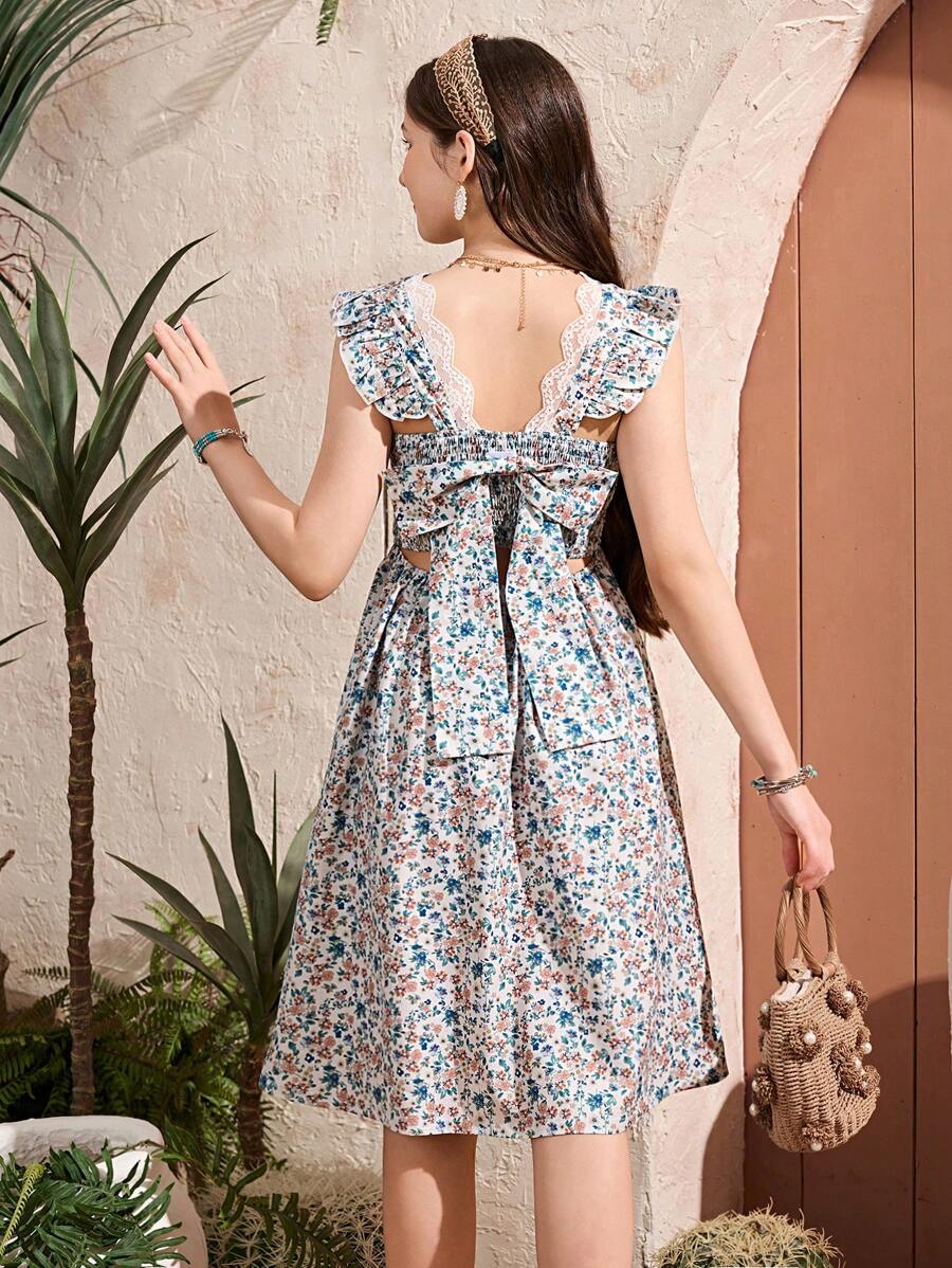 Teen Girl Elegant Summer French Floral Print V-Neck Bow Decor Short Dress - Multicolor - View 1