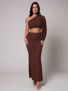 Silquee Chocolate Shirt For Spring And Summer, Brown Asymmetrical Blouse, Short Shirt For Vacation, Vacation Shirt, Seaside, Beach, Seaside Vacation, Daily Wear, Casual Shirt Pool Party, Holiday, Natural Party, Cabin Vacation, Soft And Suitable For Commuting, Daily Vacation Wear, Suitable For Spring Vacation, Seaside Vacation Women's Shirt, Double-Layer Fabric Non-See-Through Pleated Design Shirt, One-Shoulder Shirt,Elegant Tops,Cute Summer Tops - Chocolate Brown - View 1