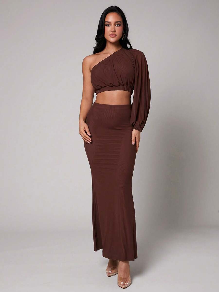 Silquee Chocolate Shirt For Spring And Summer, Brown Asymmetrical Blouse, Short Shirt For Vacation, Vacation Shirt, Seaside, Beach, Seaside Vacation, Daily Wear, Casual Shirt Pool Party, Holiday, Natural Party, Cabin Vacation, Soft And Suitable For Commuting, Daily Vacation Wear, Suitable For Spring Vacation, Seaside Vacation Women's Shirt, Double-Layer Fabric Non-See-Through Pleated Design Shirt, One-Shoulder Shirt,Elegant Tops,Cute Summer Tops - Chocolate Brown - View 1