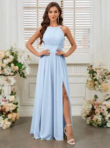 SHEIN Belle Halter Neck High Slit Waist Bridesmaid Dress (Adult) - Baby Blue - View 6