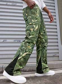 Manfinity LEGND Men's Youthful Street INS Best-Selling Pants.Men's Street Leaf-Print Loose-Waisted Trousers With Split Stitching At The Feet Are Suitable For Everyday Outdoor Favorites Cool Clothing.Men's Street Style Dead Tree Print Patchwork Ankle Split Pants