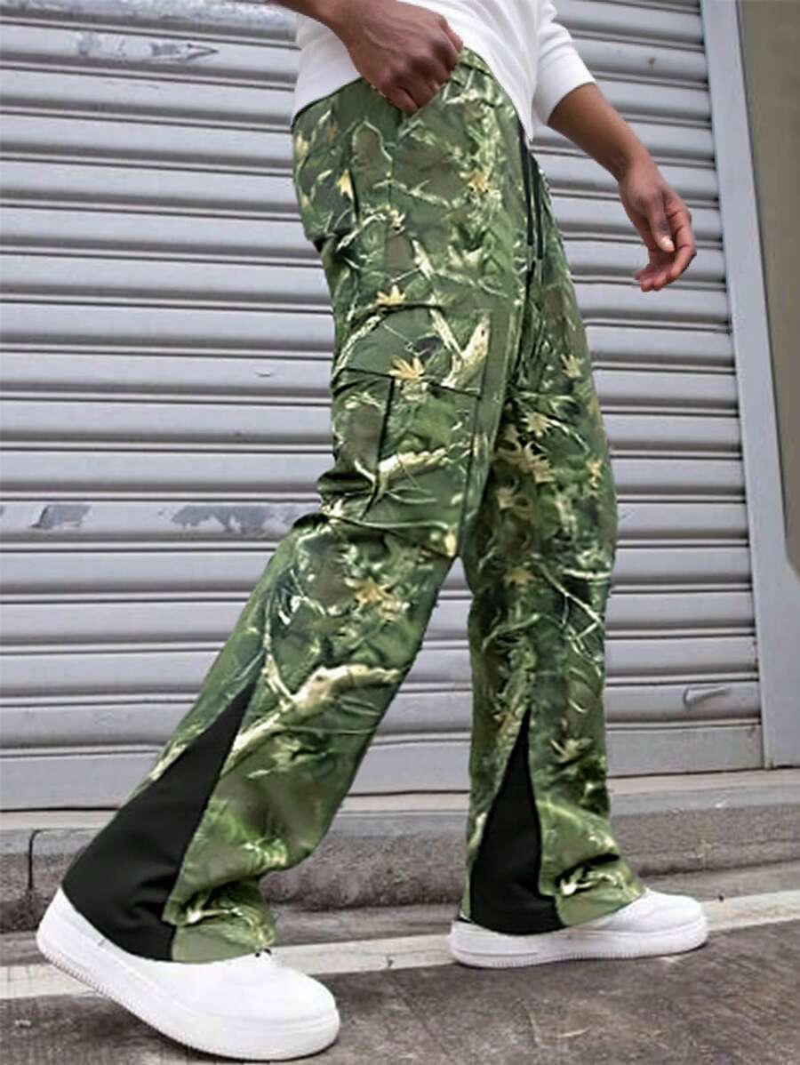Manfinity LEGND Men's Youthful Street INS Best-Selling Pants.Men's Street Leaf-Print Loose-Waisted Trousers With Split Stitching At The Feet Are Suitable For Everyday Outdoor Favorites Cool Clothing.Men's Street Style Dead Tree Print Patchwork Ankle Split Pants