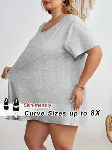 SHEIN CURVE+ Plus Size Women Plain Crew Neck Short Sleeve Casual Loose T-Shirt