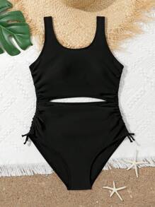Teenage Girls' Hollow Out Waist Drawstring One-Piece Swimsuit - Black - View 6