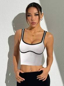 Dewbera Áo ba lỗ thể thao cắt ngắn phối màu đơn giản mùa hè - trắng - Xem 4