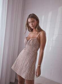 Aralina Vestido corto de verano con corpiño tipo corsé, tiras delanteras y correa con estampado de cuadros