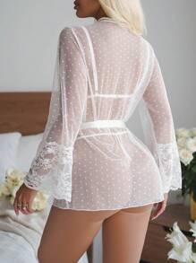 4 Piece Lace Patchwork Sexy Robe Lingerie Set, Wedding Season - White - View 2