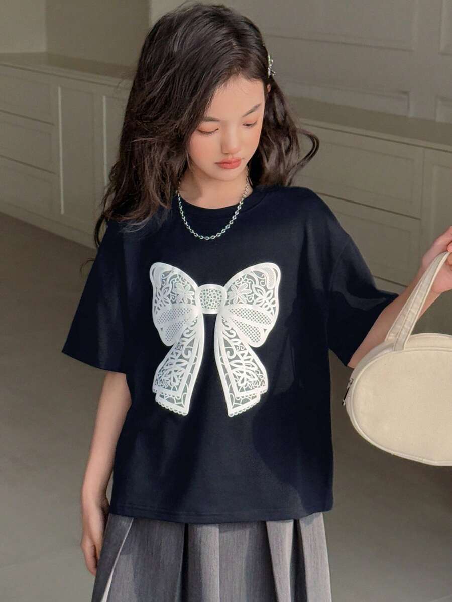 DAZY Tween Girl' Round Neck Short Sleeve Butterfly Print T-Shirt, Spring/Summer,Back To School Clothes - Navy Blue - View 1