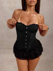 SHEIN BAE 夏季度假上衣蕾丝紧身胸衣上衣性感夜场派对酒红色安哥拉红上衣