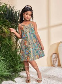 SHEIN Vestido de tirantes informal y minimalista, cómodo con estampado retro para niña preadolescente - Multicolor - Ver 5