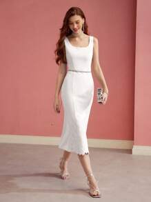 MOTF PREMIUM VÁY BẦU CỔ THÊU HOA HỒNG HÌNH NÀNG TIÊN CÁ - trắng - Xem 1