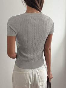 DAZY Short Sleeve Embroidery Pattern Fitted V-Neck Knit Top For Women, Spring & Summer - Light Grey - View 2