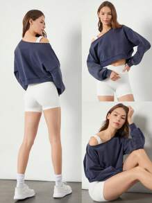 GLOWMODE Soft Skin-Friendly Washed Crop Off-Shoulder Ribbed Hem Cuffs Sweatshirt Daily Casual Wear