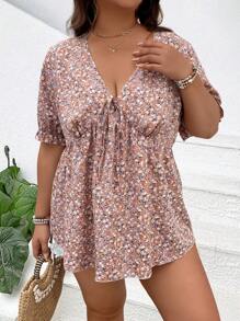 SHEIN CURVE+ 大码女式浪漫碎花系带蝴蝶结衬衫，优雅度假风格衬衫，春夏 - 彩色 - 查看 4
