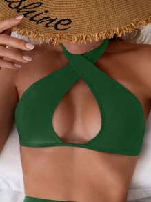 SHEIN Swim Women's Solid Color Strappy Cutout Backless Halter Bikini Top, Summer Beach