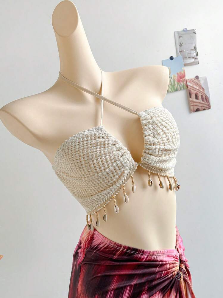 Soleia Top à col ras-du-cou, lien devant et décoration coquillages et franges pour vacances - Nude - Voir 6