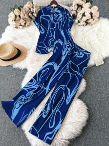 EMERY ROSE 2pcs/Set Plus Size Flowy Abstract Fluid Pattern Print Shirt And Pants - Royal Blue - View 1