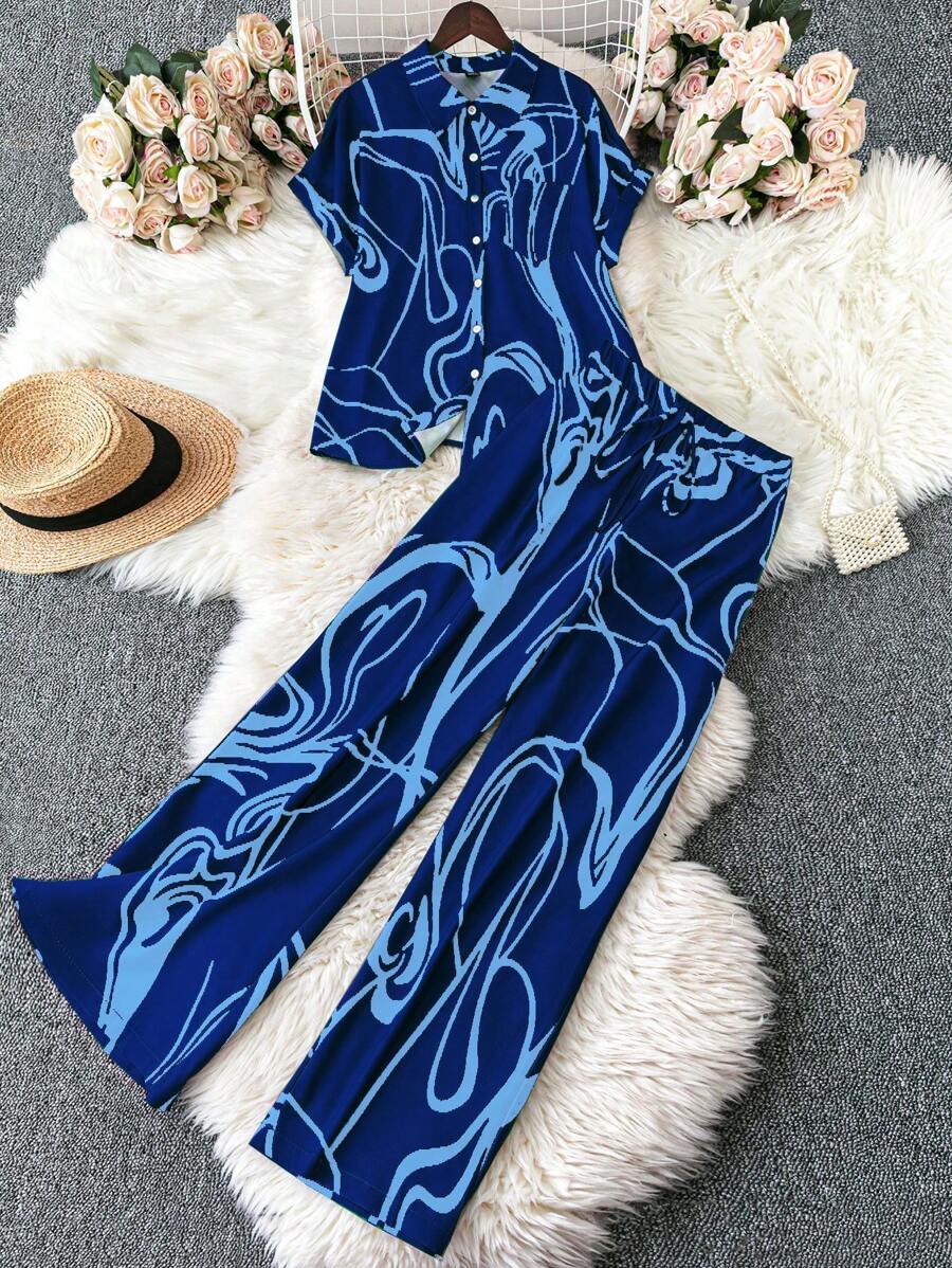 EMERY ROSE 2pcs/Set Plus Size Flowy Abstract Fluid Pattern Print Shirt And Pants - Royal Blue - View 1