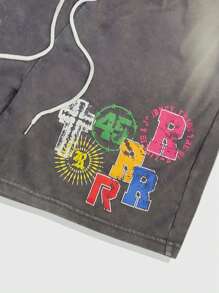 ROMWE MEN Prep Men's Numeric & Letter Print Drawstring Waist Casual Shorts - Grey - View 3