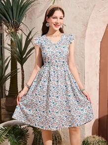 Teen Girl Elegant Summer French Floral Print V-Neck Bow Decor Short Dress - Multicolor - View 3