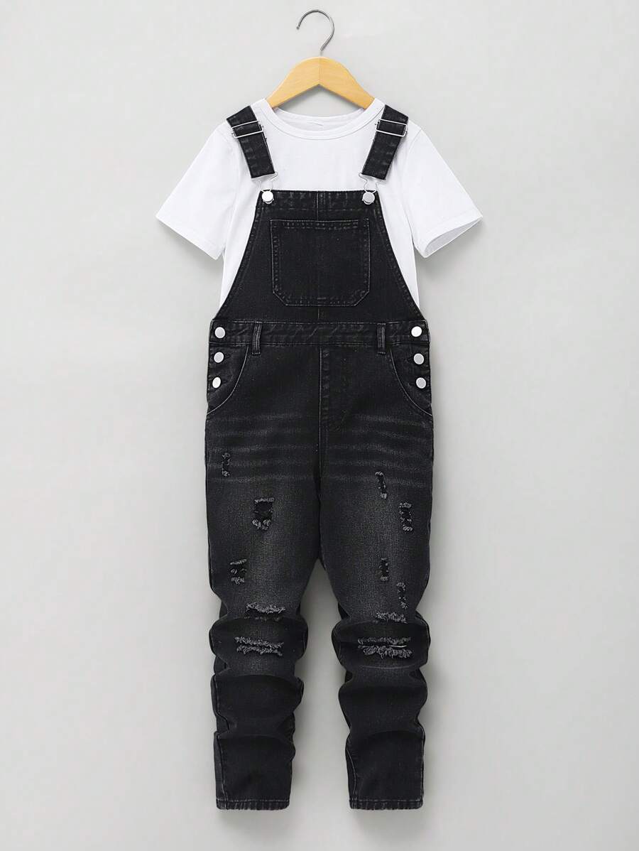 Teenage Boy Retro Y2K Street Style Distressed Design Casual Loose Suspender Pants & Jumpsuit, Comfortable Soft Washed Versatile Essential All-Match Items, 2025 New Collection, Suitable For Daily Wear - Black - View 1