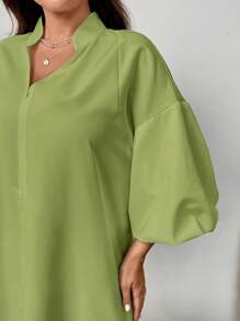 SHEIN Privé Plus Size Women's Elegant Vacation Beach Romantic Date Wedding Party Stand Collar Lantern Sleeve Mid-Length Loose Dress, Suitable For Summer - Green - View 10