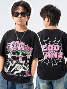 SHEIN Camiseta de manga corta informal con estampado de letras personalizado para niño preadolescente en primavera/verano