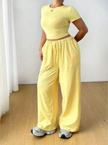Flirla 2pcs/Set Casual Crew Neck Knitted Pullover T-Shirt And Wide-Leg Pants With Elastic Waist - Yellow - View 4