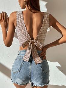 SHEIN Frenchy Women's Backless, Sleeveless, Plaid Bowknot , Minimalist And Fashionable Blouse, Suitable For Summer Party Brown Check