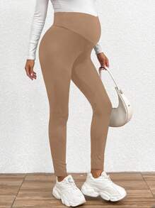 SHEIN Maternity Solid Color Simple Stylish Leggings, Suitable For Summer - Camel - View 4