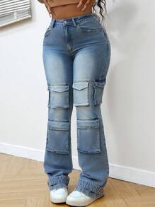 SHEIN Slayr Women's Multi-Pocket Flared Casual Versatile Denim Jeans