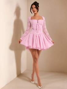 SHEIN BAE Elegant Red Lace Splice Long Sleeve Bodycon Mini Dress, Suitable For Graduation, Formal, Cocktail Party, Romantic Date, Autumn/Winter Layering, Party, Clubbing, Bridesmaid, Night Out, Halloween, Christmas