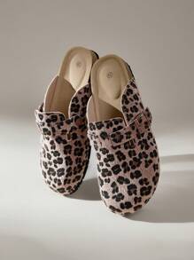 Solecia 女士豹纹圆头厚底拖鞋，休闲一脚蹬皮革拖鞋，适合日常、户外穿着
