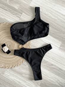 SHEIN Swim Solid Color Ribbed Fabric One-Shoulder Hollow-Out Decoration One-Piece Swimsuit For Summer Beach Vacation - Black - View 7