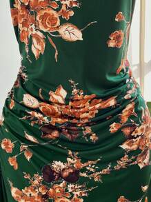 SHEIN Clasi Plus Size Women Floral Print Ruched Draped Neck Sleeveless Dress, Vacation Style Elegant Exquisite - Green - View 5